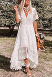 Women Off Shoulder Lace Patchwork Elegant Dress Casual Bohemian Deep V Neck Short Sleeve Loose Vestidos Summer