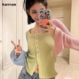Korean Fashion Patchwork Cardigans Hollow Out Lazy Style Full Sleeve Knit Sweater Y2k Aesthetics Chic Designer