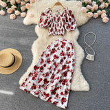Summer Bohemian Women Floral Printed Two Piece Set Sexy Beach Suit Square Collar Puff Sleeve Short Tops + Skirt New Fashion