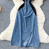 Elegant Denim Dress Woman 2025 Summer High-End Heavy Industry Diamond Embroidery Waist V-Neck Short-Sleeved Long