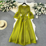 Court Dress Female Design Tuxedo V Collar Long Three House Press Folding Horn Sleeve Dress