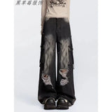 Street Ins Do Old Tuxed Hole Jeans Women's New High-Rise Loose Thin Leg