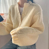 Round Neck Lantern Sleeve Knitted Cardigan-Outfit
