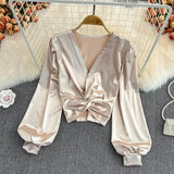 Spring Autumn Sexy Satin Blouse Women Elegant V-Neck Twist Lantern Long Sleeve Party Tops Female Elegant Gold/Black Blusas