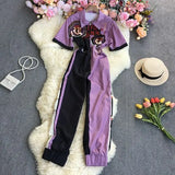 New Spring Autumn Fashion turn down collar short sleeve zipper Jumpsuit hit color print high waist casual wide leg