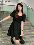 Woman Dress 2023 Vestidos De Mujer Square Collar Puff Sleeve Summer Robe Femme Chic Hollow Out Bandage Bow Sexy