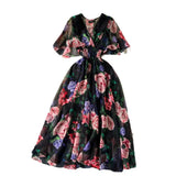 V-Neck Print Chiffon Dress Women's Waist Thin Temperament Lotus Leaf Side Short Sleeves To Close The First Love Fairy