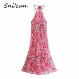 Print Crincle Midi Dress Halter Backless Knot Tie Oversize Long Dresses With Lining Pink Fashion Summer Casual
