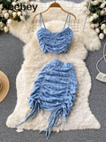 Korean Style Women Set Summer 2022 V Neck Backless Drawstring Sexy Strap Top+ Ladies Mini Skirt Bodycon Two Piece