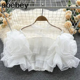Solid Shirt For Women Round Neck Short Sleeve Casual ruffles Through Blouse Female Clothing Style
