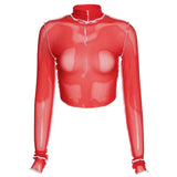Spring Turtleneck T-Shirts Ruffles Crop Tops Solid Ruched Mesh Women Elastic Slim Long Sleeve Tees Female Outfits