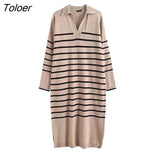 ZBZA Women 2023 Fashion Casual Loose Striped Autumn Knitted Dress Female Lapel Long Sleeve Pullover Dress