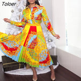 Pleated Short Sleeve Dresses High Waist Print Maxi Dress Fashion Casual Office Elegant Party Club Dresses For Women