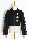 Ruffle Trim Black Jacket For Women Lapel Long Sleeve Solid Minimalist Solid Cut Out Jackets Female Fashion