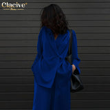 Fashion Long Sleeve Blazer Two Piece Sets Women Outifits Casual Loose Office Pants Set Elegant Green Satin Trouser