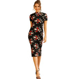 New Sunmmer Chinese Women Short Sleevs Dress BLACK Print Flower Long Dress Slim vintage Dresses Elegant Gown