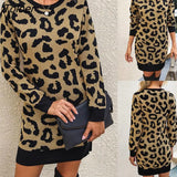 Women Winter Top Long Sleeve Mini Bodycon Sweater Dress Leopard Print Knit Pullover Soft Warm Pull Femme Ladies Loose