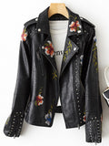 VAREY LIN 2022 New Women Retro Floral Print Embroidery Punk Faux Soft Leather Jacket Coat Pu Moto Biker Black Rivet