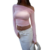 Aesthetic T Shirt 2023 Spring Autumn Solid Color Off Shoulder Long Sleeve Crop Top 2000s Tees Women Clothing
