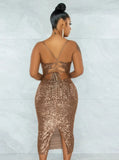 Fashion Sexy Sequins Straps Backless Slit Midi