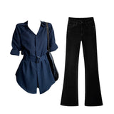 Cool Tung Sister Wearing A Blue Waist Sunscreen Long-Sleeved Shirt Micro-Tpeak Trousers