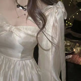 Square Neck Puff Sleeves Glossy Dress Women Casual Long Sleeve Vintage Y2k Bow Mini Dress 2022 Spring Korean Party