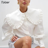 Ruffle White Women Blouse Peter Pan Collar Cotton Button Up Shirt Women Tops 2023 Fashion Loose Puff Sleeve Shirts