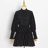 Hollow Out White Dress For Women Lapel Puff Long Sleeve High Waist Mini Dresses Female Fashion Clothing 2020
