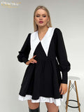 Fashion Doll Collar Black Dresses For Women 2022 Casual Lantern Sleeve Office Mini Dress Ladies Elegant Patchwork