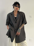 Women Gray Striped Big Size Casual Blazer New Lapel Short Sleeve Loose Fit Jacket Fashion Spring Summer 2023