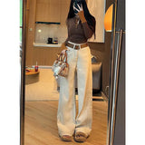 Apricot High-Waist Plus Velvet Thin Straight Jeans Women 2025 Autumn And Winter Loose Commute Wide-Legged