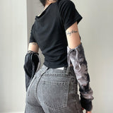 Fairy Grunge Crop Top Women Short Sleeve Patchwork Tshirt And Arm Gloves Female Streetwear Y2k Tie Dye Tee Goth