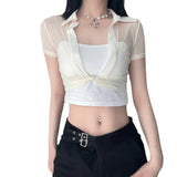 Sexy Thin Spring Perspective Open Fork Design T-Shirt Hottie Short External Mesh Sunscreen