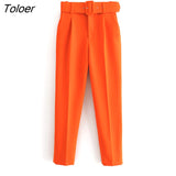 Sale Women candy color pants purple orange beige color chic business Trousers female fake zipper pantalones mujer pants