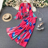 Vacation Beach Two Piece Set Women Sexy V-Neck Bandage Short Tops + High Waist Split Wide Leg Pant Suit Spring