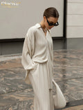 Fashion Long Sleeve Blouses Womens Two Peice Sets Casual Loose Slit Wide Trouser Suits Elegant White Pleated Female