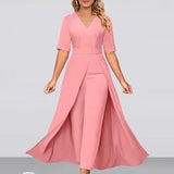 Office Lady Jumpsuit Patchwork V Neck 2023 New Summer Lace Up Women One Piece Long Trousers Solid Overalls