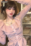 Blouses Women Square Collar Slim Waist Shirts Sweet Ruffles Drawstring Korean Blouse Crop Tops 2023 Blusas Mujer De
