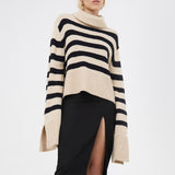 2021 Women Turtleneck Knitted Striped Sweater Autumn Winter New Clothes Ladies Korean Casual Loose Split Pullover Top