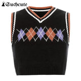 SUCHCUTE Preppy Style Argyle Plaid Sweater Vest Women V Neck Cropped Knitted Vest Streetwear Autumn 2020 Ladies