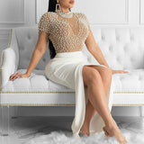 Fluoroticle Stud Beads Short-Sleeved Women's Evening Dress Dress Dress Dress