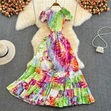 Bohemian Tie Dye Beach Long Dress Women Sexy Short Sleeve High Waist A-Line Big Swing Party Maxi Vestidos Female 2022 Summer