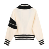 Patchwork Coat For Women V Neck Lantern Long Sleeve Striped Hit Color Knitting Cardigan Female 2023 Autumn New