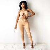 Piece Set Women Solid Halter Jumpsuits High Waist Long Pants Femmal Clothing Elegant Party Club Streetwear