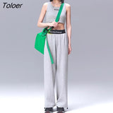 Women Vest 2022 Spring Short Loose Solid Green Letter Print Casual Chic
