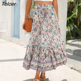 Boho Retro Floral Print Skirts Women 2023 Summer High Waist A-Line Pleated Long Skirts Casual Holiday Beach