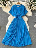 Summer Women Pleated Dress Vintage Round Neck Hollow Out Short Sleeve High Waist Casual Vestidos Elegant Draped Purple/Red