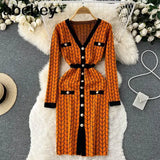 French Plaid Knitted Dress Women V Neck Sweater Sheath Hight Quality Dress Elastic Waist OL Warm Midi Long