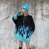 Winter Harajuku Flame Knitting Batwing Sleeve Sweater Casual Long Women Tide Printed Sweater Loose Boyfriend