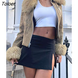 Y2K Harajuku Faux Fur Patchwork Collar Jackets Women Solid Zip Up Long Sleeve Crop Jacket Autumn Winter Streetwear